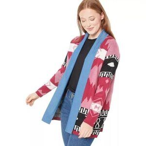 Attitude by Renee Southwest Cardigan with Denim Lapel Womens XS Aztec Rose NEW